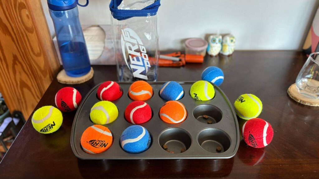DIY dog puzzles - muffin tin puzzle with tennis balls