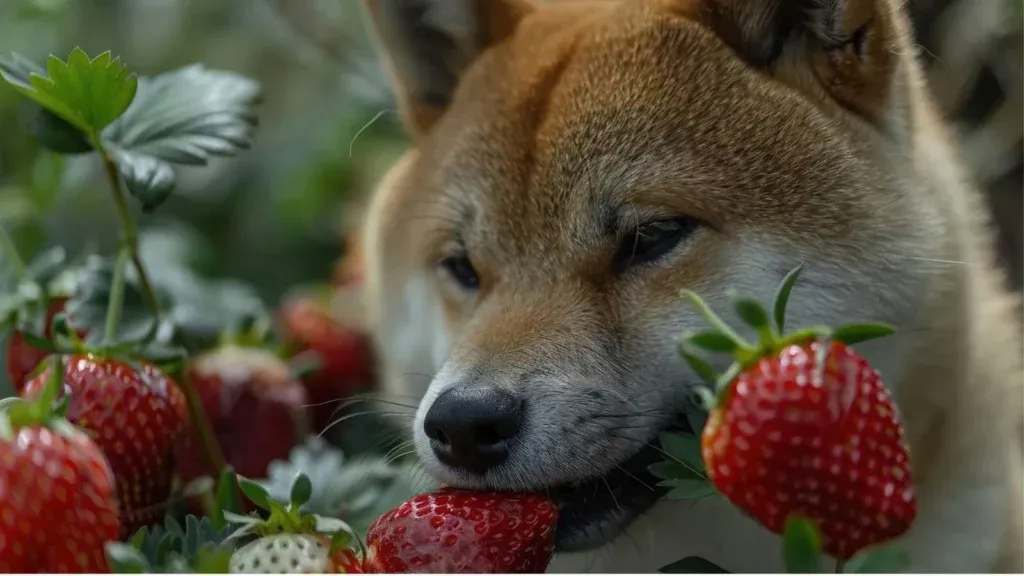 Light brown dog eating a fresh strawberry on the plant