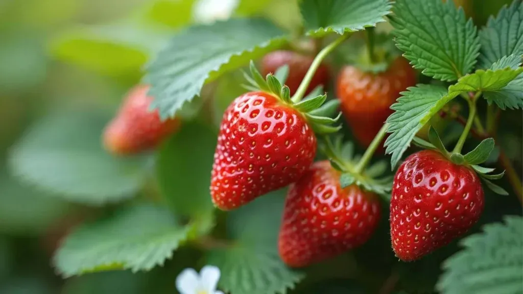 Ripe strawberries on green leaves.