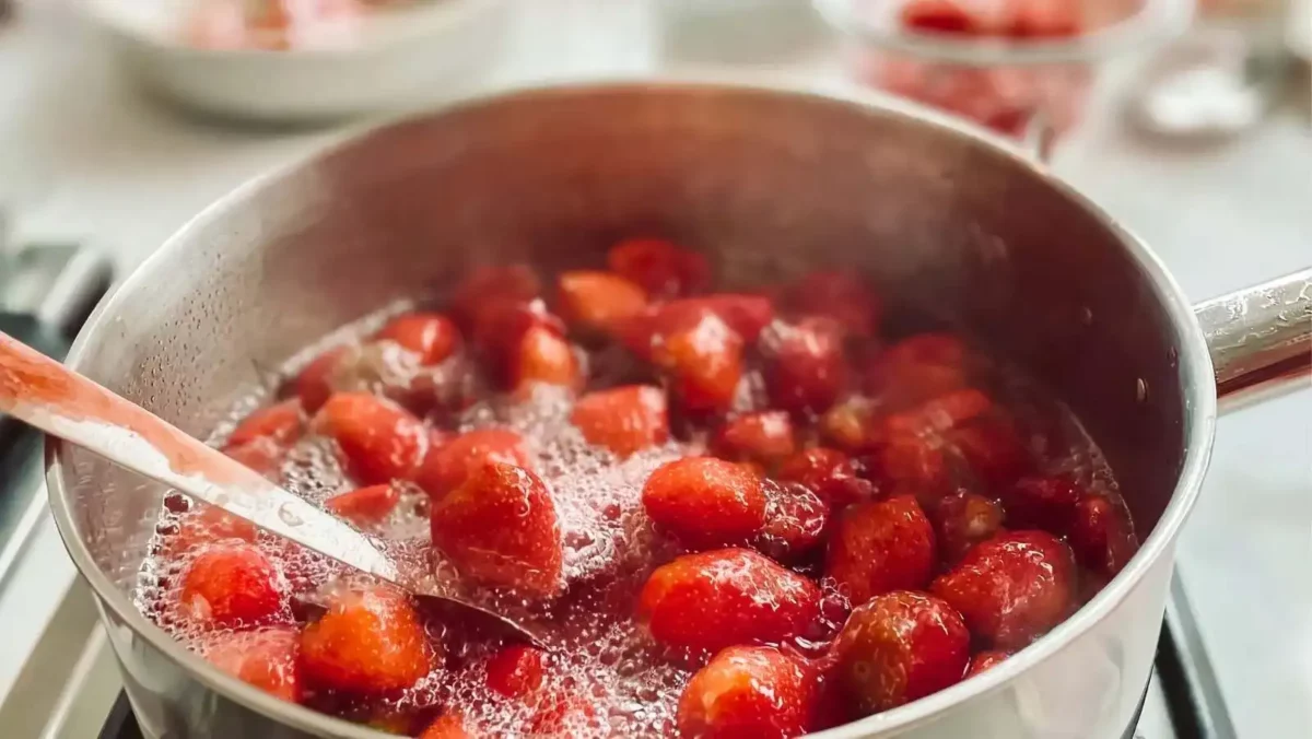 Cooking strawberries for preserves preparation