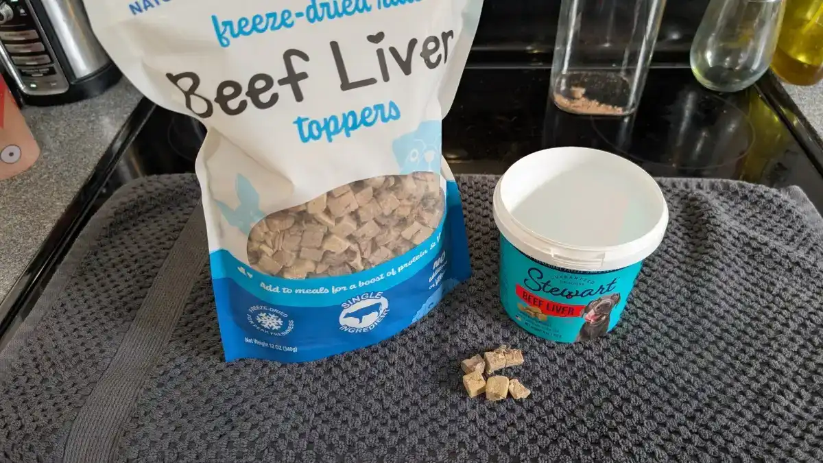Display of freeze dried beef liver on a stove
