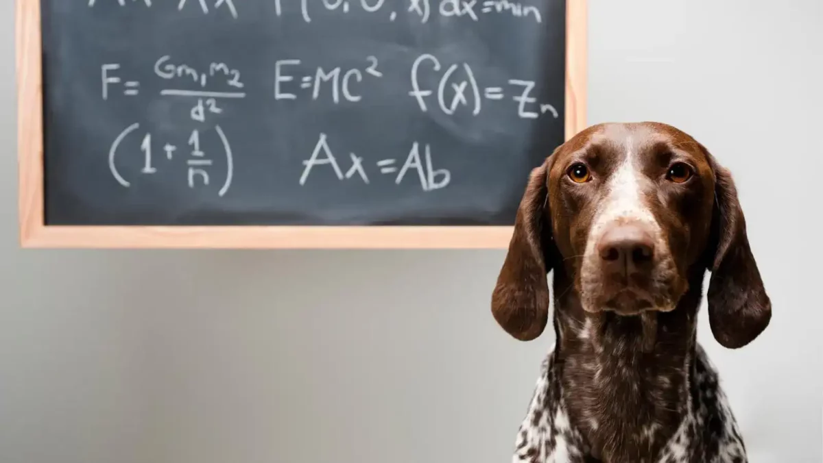 2 image of brown dog in front of a chalkboard math Image of brown dog in front of a chalkboard math