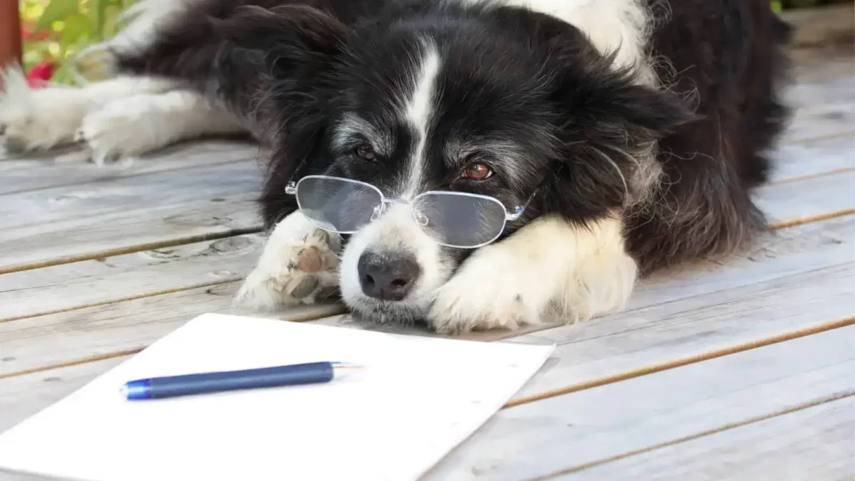 4 dog with glasses laying on a deck staring at a pen Dog with glasses laying on a deck staring at a pen