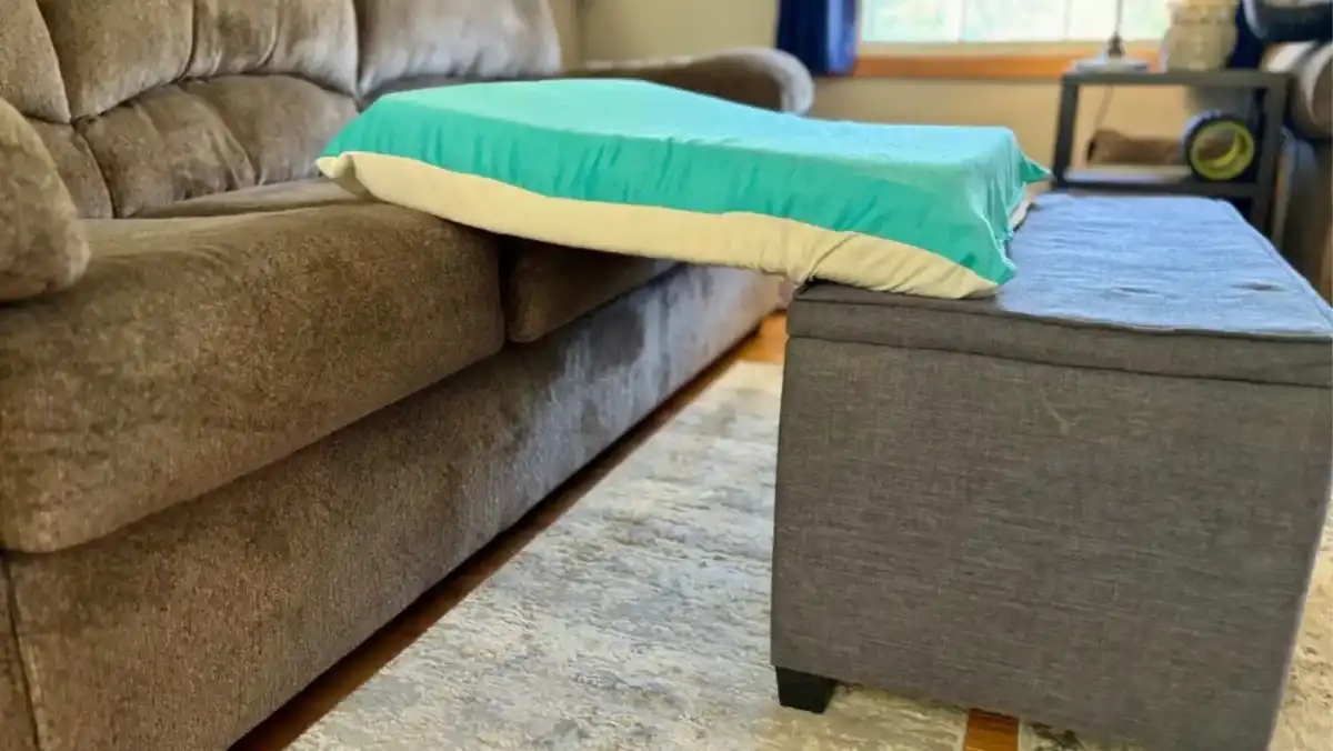 12 temporary dog tunnel Making a temporary dog tunnel can be done with a firm dog bed and furniture