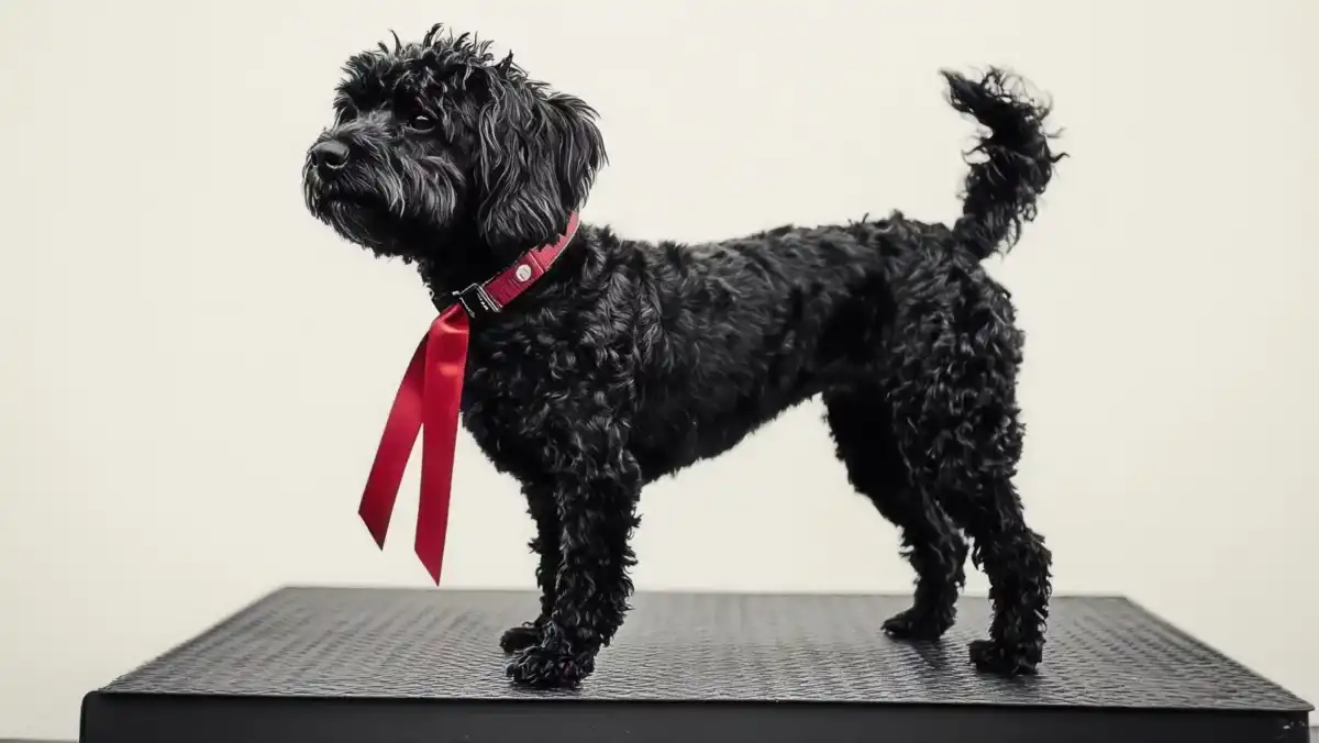 15 pause table Small black dog on a platform with a ribbon on collar