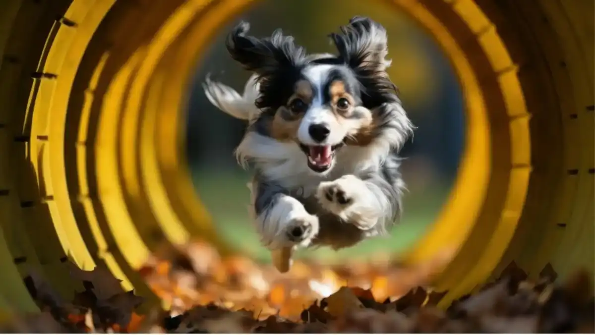2 benefits of diy dog agility equipment Multi colored dog running through a yellow dog tunnel