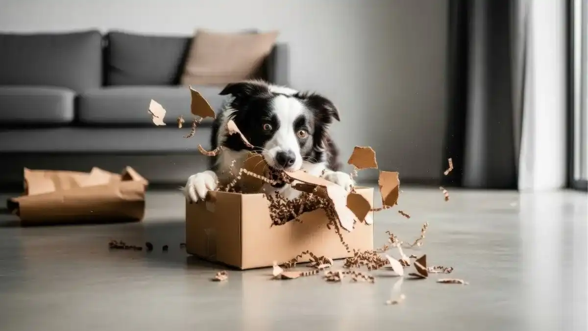 White and black dog shredding a cardboard box