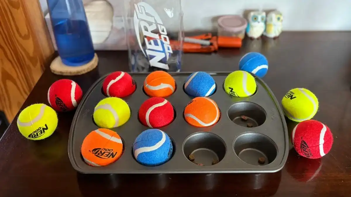 Muffin tin with dog tennis balls covering dog treats