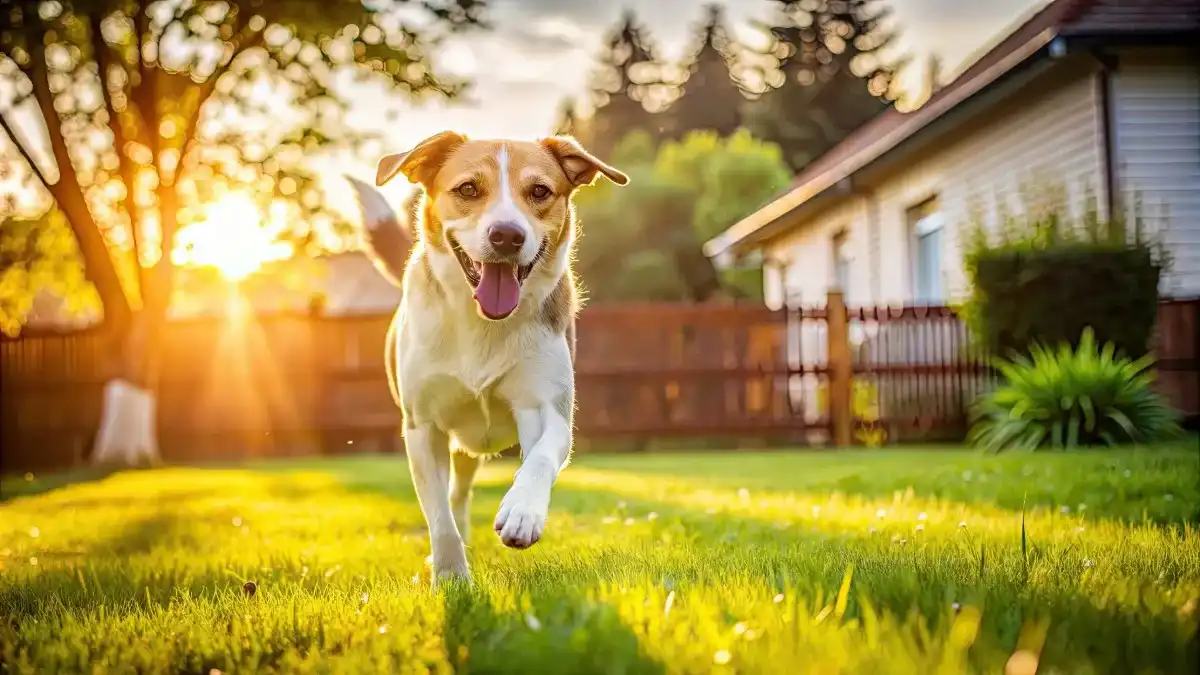 White and light brown dog running toward camera in a fenced yard at dusk